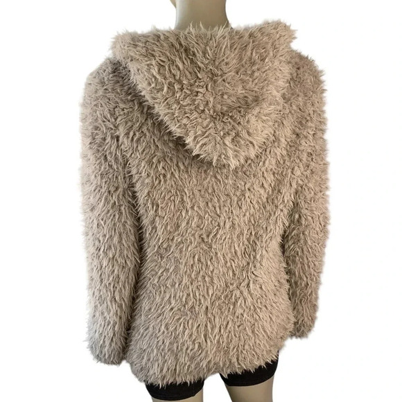 COUNTESS Faux Fur Fuzzy Zip Up Hooded Pea Coat Jacket Taupe Women Size M - Picture 4 of 16